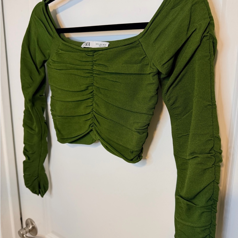 Zara Olive Green Ruched Long Sleeve Crop Top